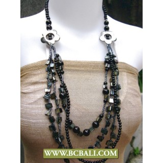 Beads Fancy Design Long Braided Black Necklace Flower Chain